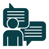 Pictogram of a figure with two large speech bubbles representing conversation