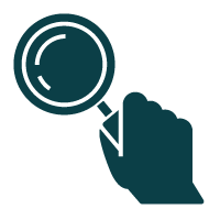 Pictogram of a hand holding a magnifying glass